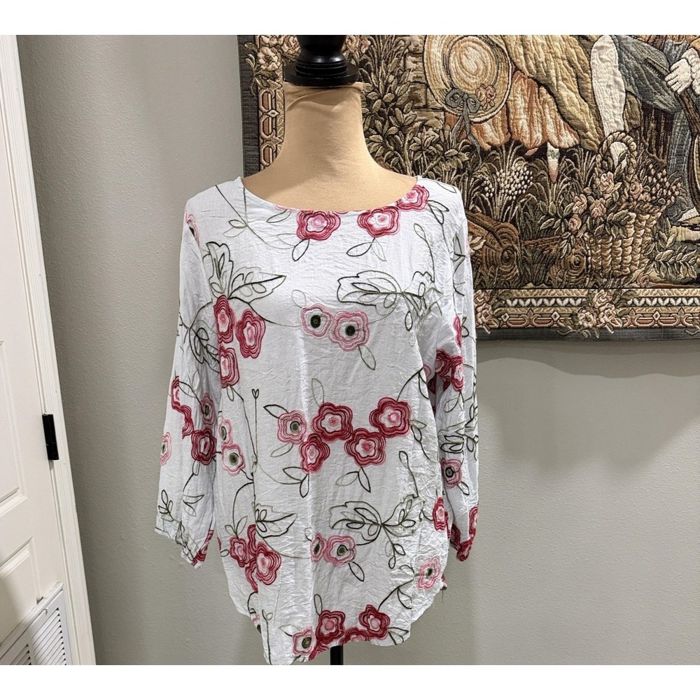 Kindred Blouse Womens XL White Floral Embroidered 3/4‎ Sleeve Scoop Neck Tunic